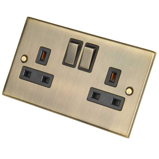 LGA Selectric 5M 13A 2 Gang DP Switched Socket Metal / Black Insert Antique Brass