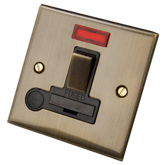LGA Selectric 5M 13A DP Switched Fused Spur Neon F/Outlet Metal / Black Insert Antique Brass