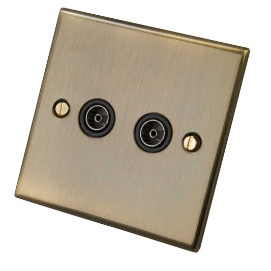 LGA Selectric 5M 1 Gang Twin Coaxial Socket Black Insert Antique Brass