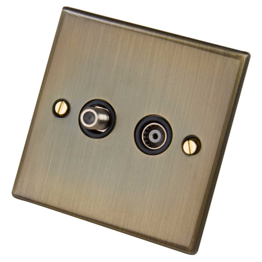 LGA Selectric 5M 1 Gang Satellite and Coaxial Socket Black Insert Antique Brass