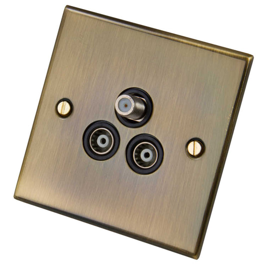 LGA Selectric 5M 1 Gang Satellite and Twin Coaxial Socket Black Insert Antique Brass