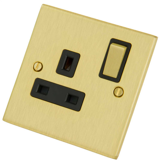 LGA Selectric 13A DP 1 Gang Switched Socket Black Insert Satin Brass