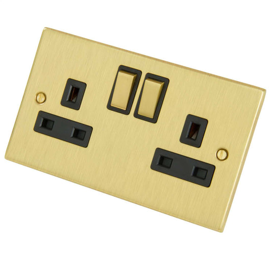 LGA Selectric 13A DP 2 Gang Switched Socket Black Insert Satin Brass