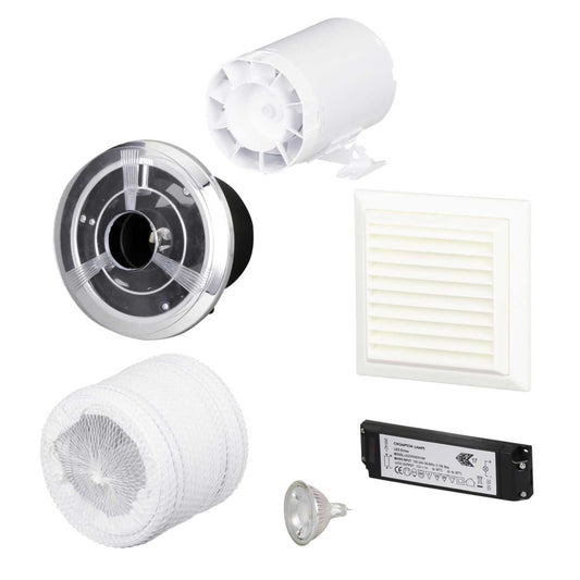 Domus Ventilation 100mm 4" Axial In-Duct Chrome Fan Kit with Timer