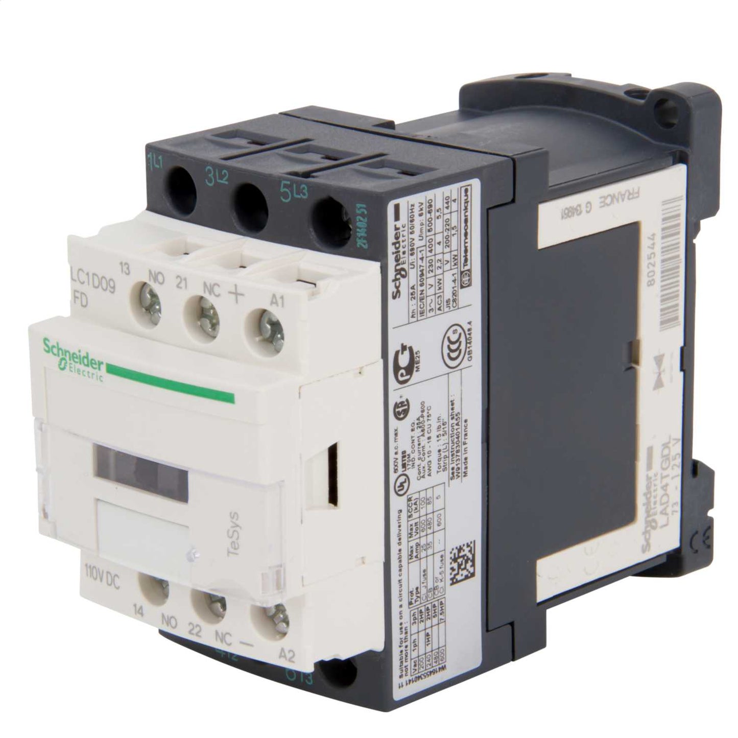 Schneider TeSys 9A Contactor 3 NO Contacts 110V DC Coil