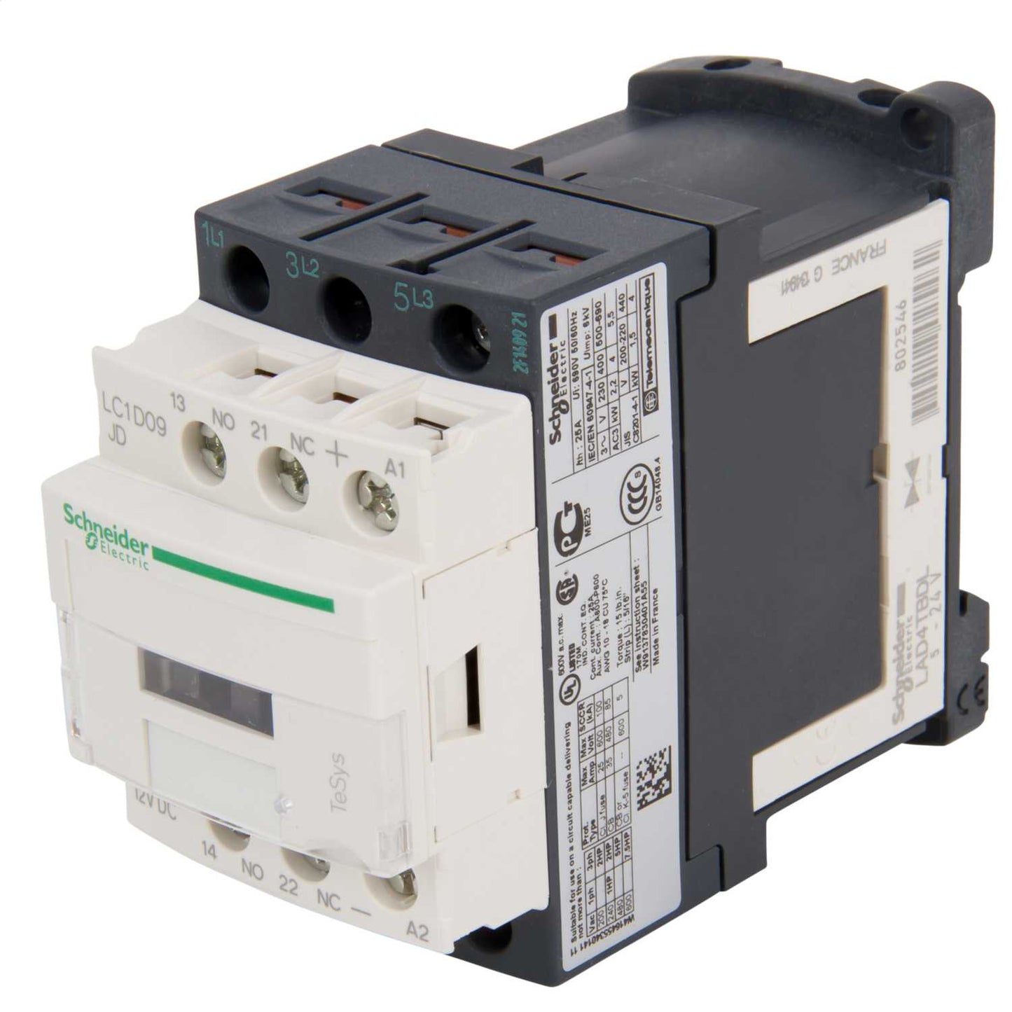 Schneider TeSys 9A Contactor 3 Pole 3 NO Contacts 12V DC Coil