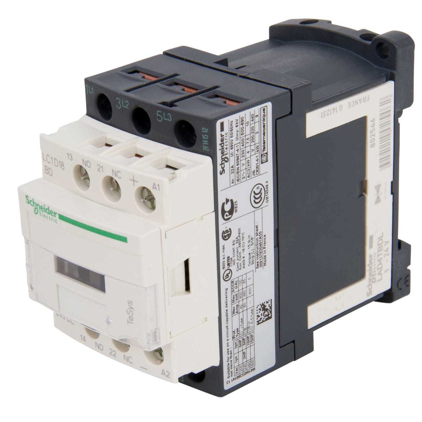 Schneider TeSys 18A Contactor 3 Pole 3 NO Contacts 24V DC Coil