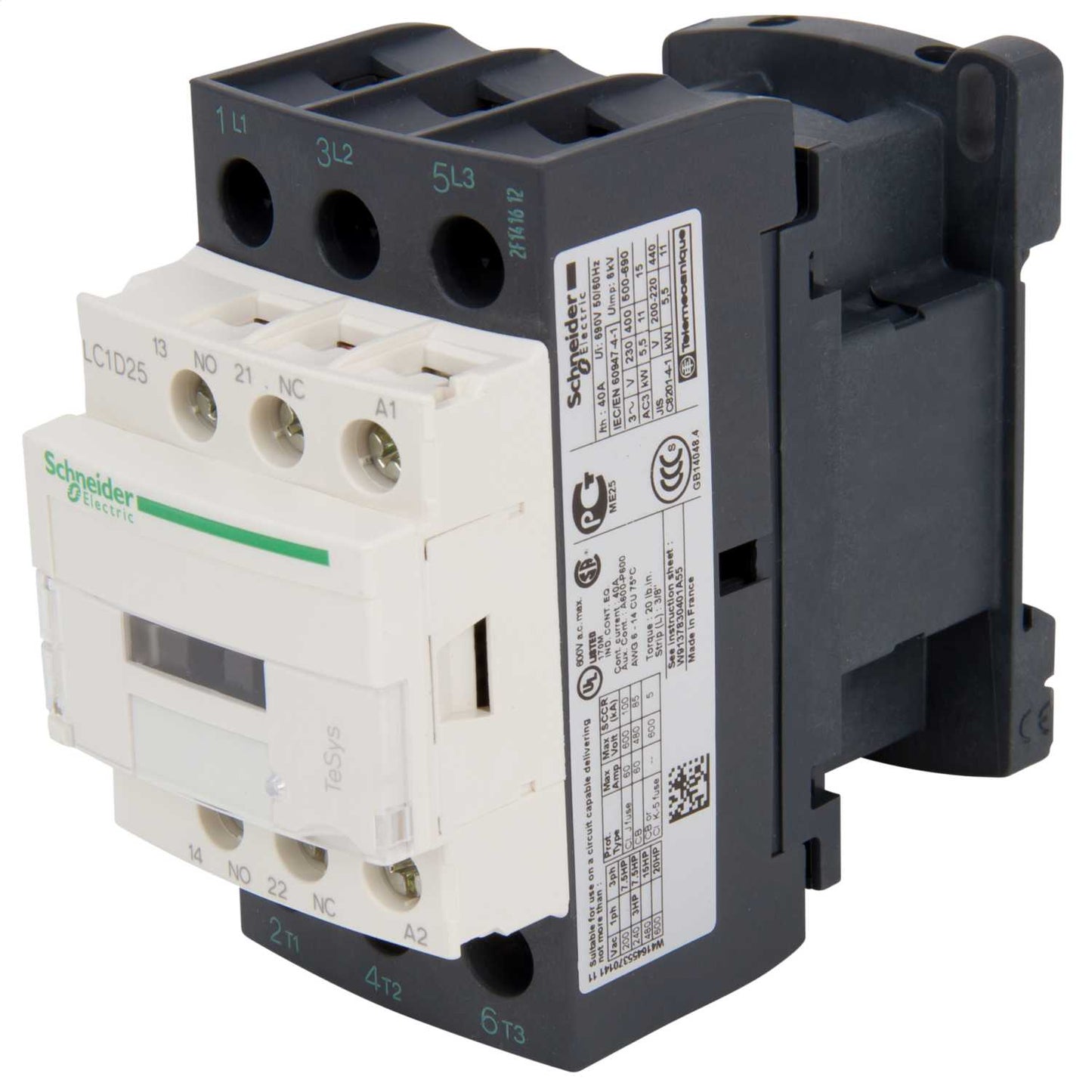 Schneider TeSys 25A Contactor 3 Pole 3 NO Contacts 24V AC Coil