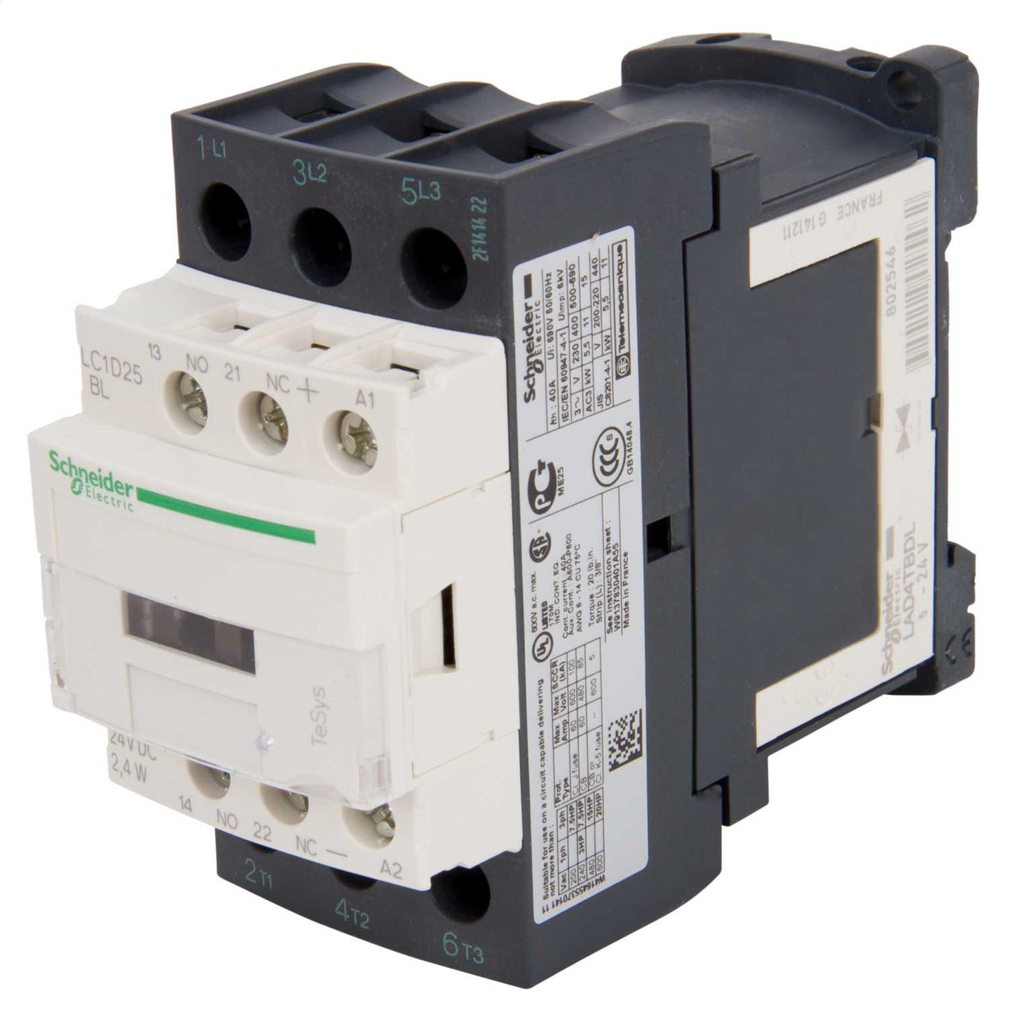 Schneider TeSys 25A Contactor 3 Pole 3 NO Contacts 24V DC Coil (Low Consumption Coil)