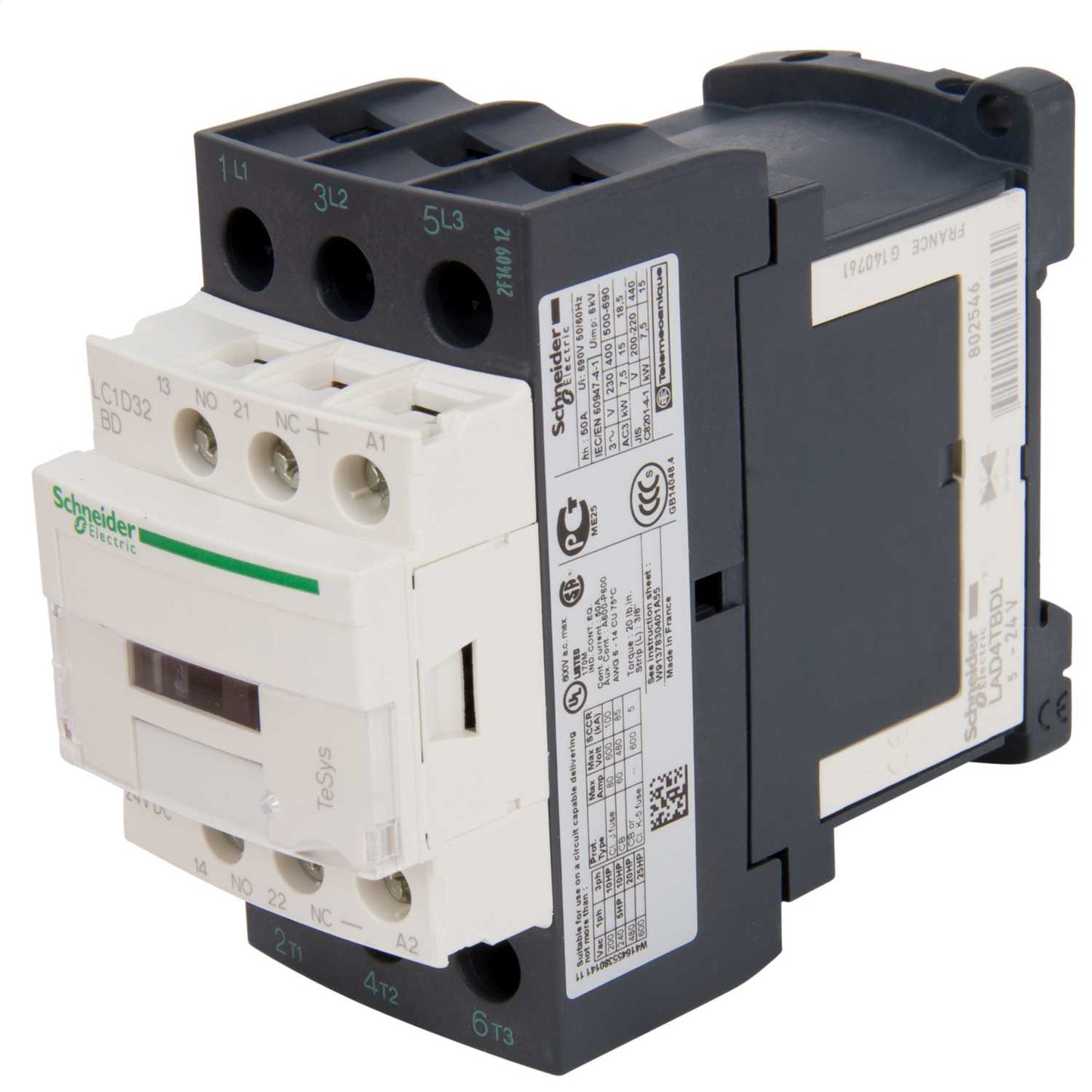 Schneider TeSys 32A Contactor 3 Pole 3 NO Contacts 24V DC Coil