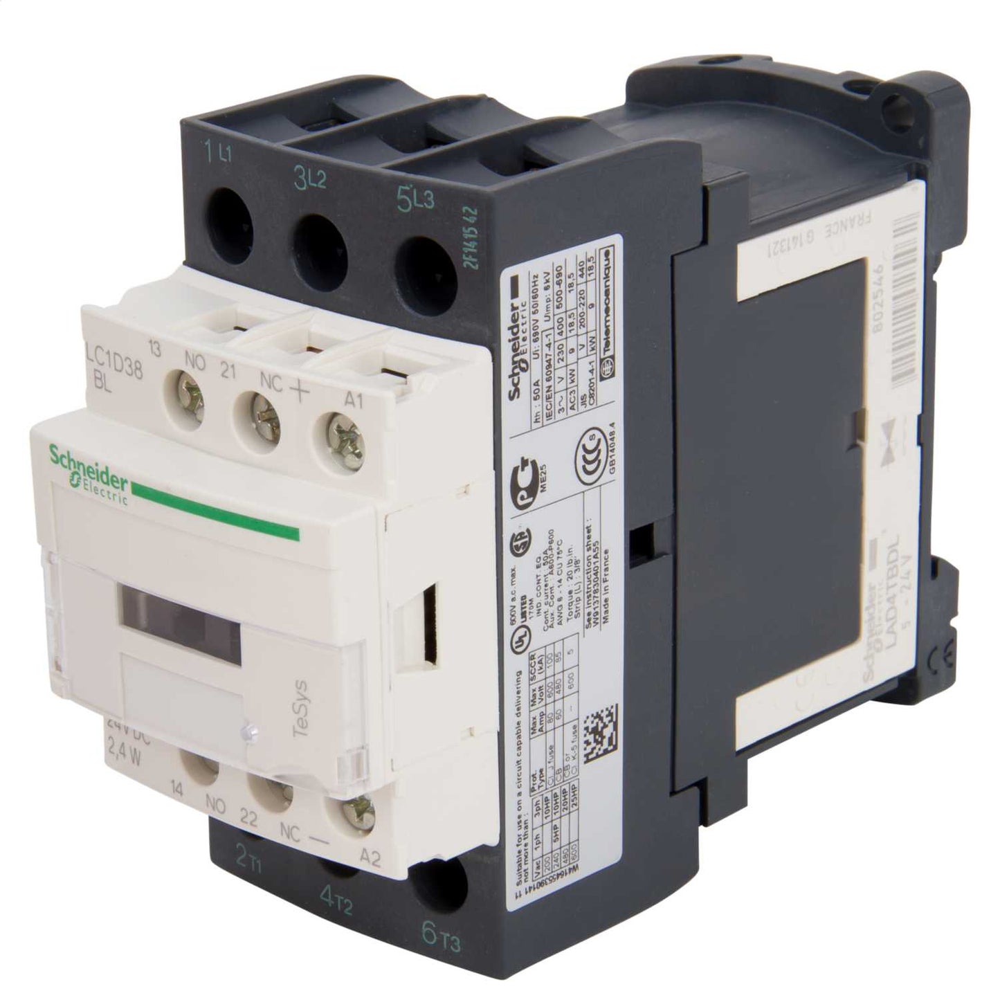 Schneider TeSys 38A Contactor 3 Pole 3 NO Contacts 24V DC Coil (Low Consumption Coil)