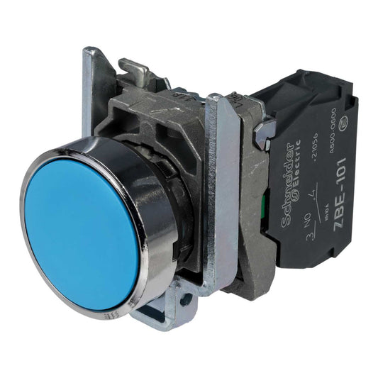 Schneider Harmony Flush Spring Return 1 NO Chrome Pushbutton Blue