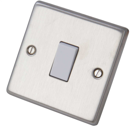 Volex 10A 1 Gang 2 Way Light Switch White Insert Brushed Stainless Steel