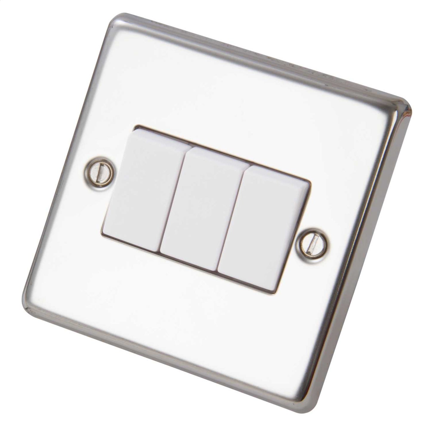 Volex 10A 3 Gang 2 Way Light Switch White Insert Polished Stainless Steel