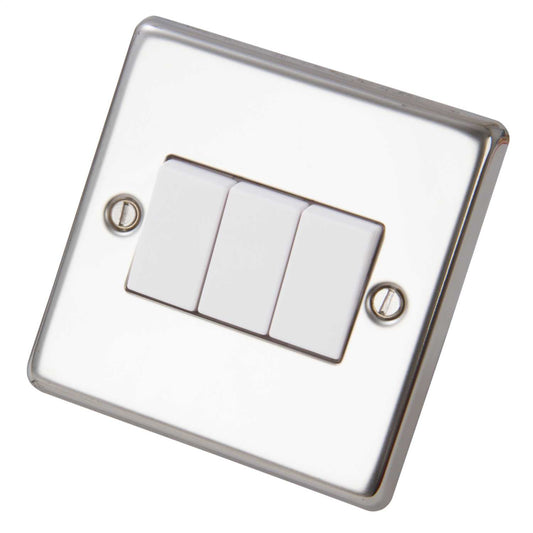 Volex 10A 3 Gang 2 Way Light Switch White Insert Polished Stainless Steel