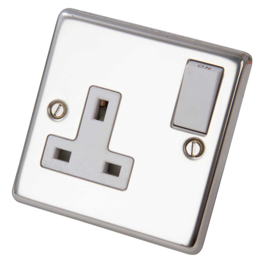 Volex 13A 1 Gang Switched Socket White Insert Polished Stainless Steel