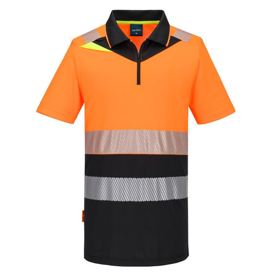 DX4 Hi-Vis Zip Class 1 Polo Shirt S/S , 4XL, R, Orange/Black