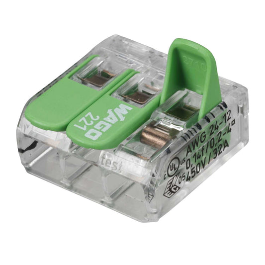 Wago 32A Compact 3 Way Connector 4mm Terminal Block Green (Pack of 50)