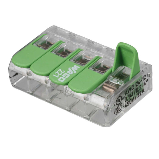 Wago 32A Compact 5 Way Connector 4mm Terminal Block Green (Pack of 25)