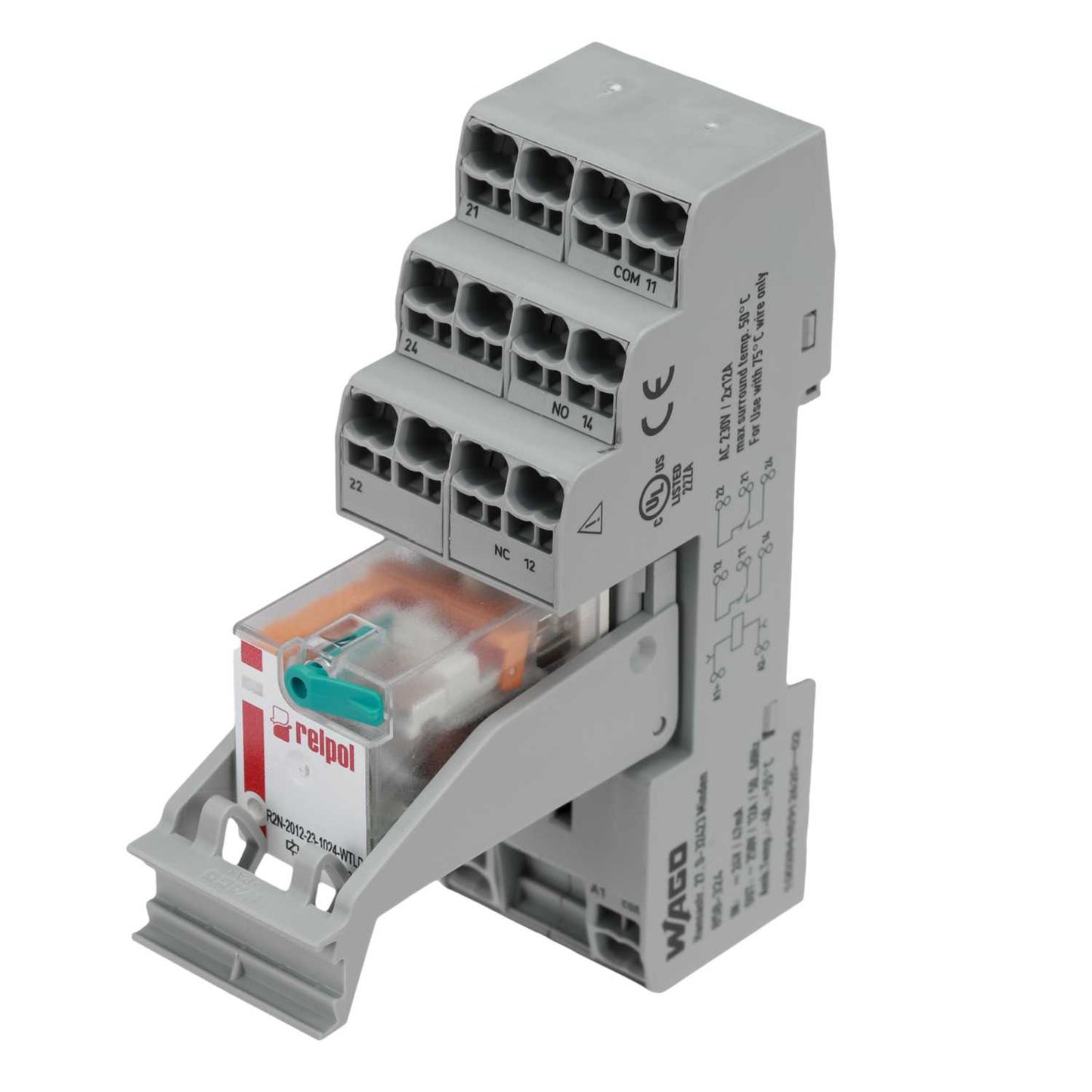 Wago 12A 24V DC 2 C/O Relay and Socket with Indication and Retaining Lever