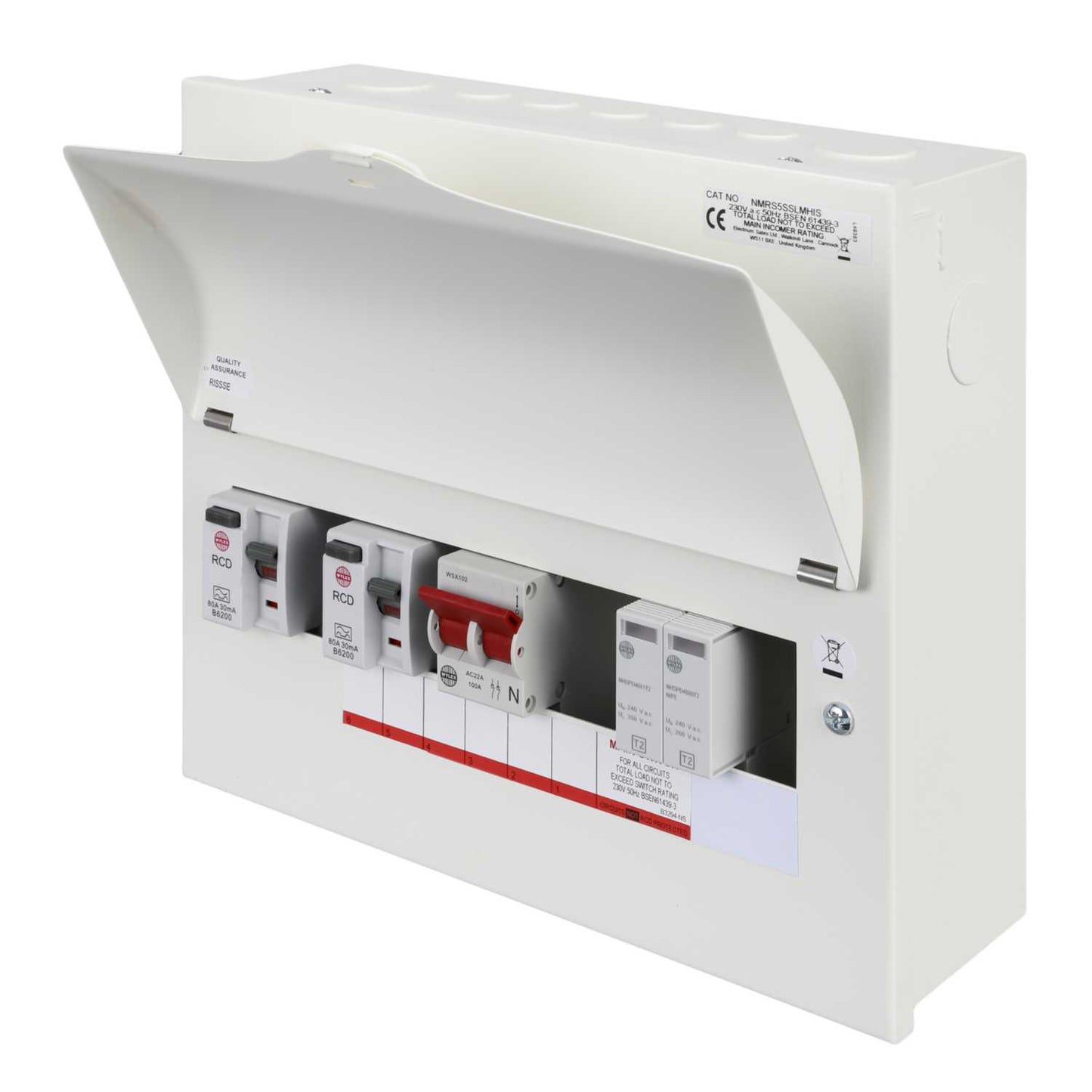 Wylex 5 Way High Integrity Dual 80A RCD Metal Clad Unit with Type 2 SPD