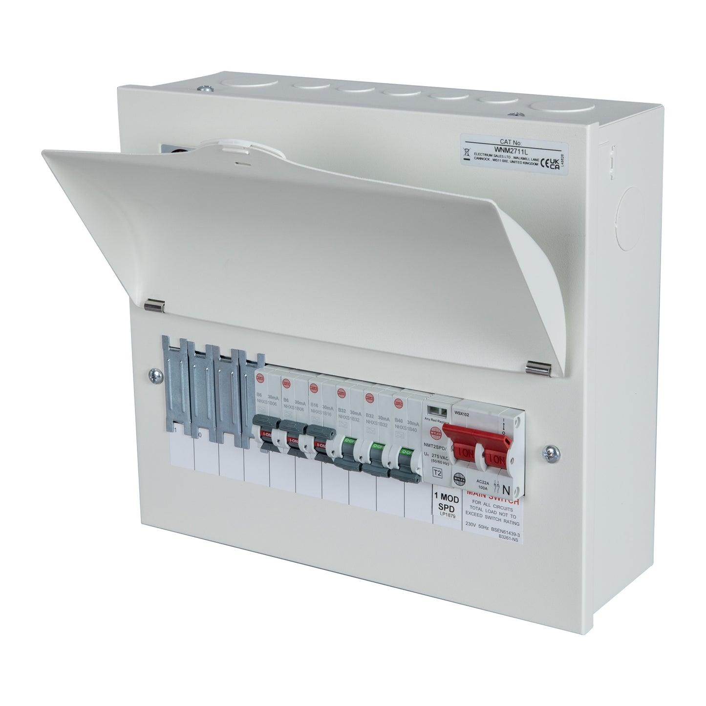 Wylex 10 Way 100A Isolator Metal Clad Consumer Unit with Type 2 SPD and 6 x RCBOs