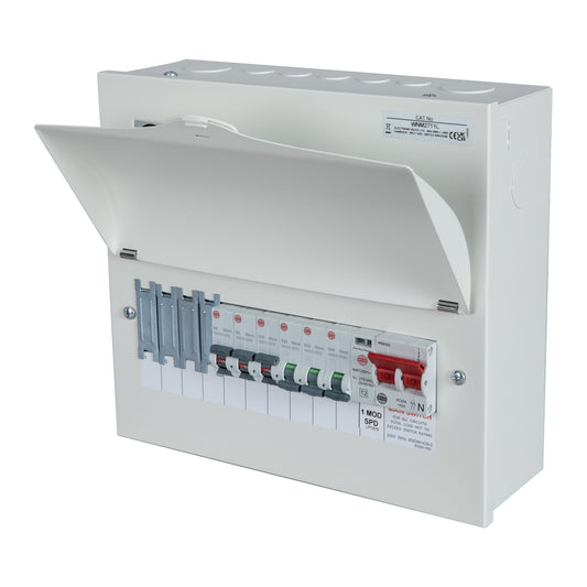 Wylex 10 Way 100A Isolator Metal Clad Consumer Unit with Type 2 SPD and 6 x RCBOs